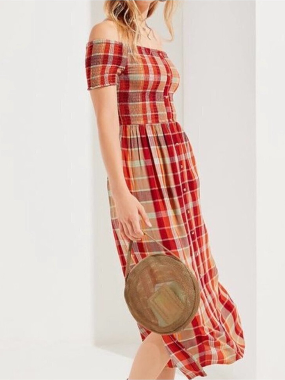 Urban Outfitters Red Plaid Off-Shoulder Midi Dress